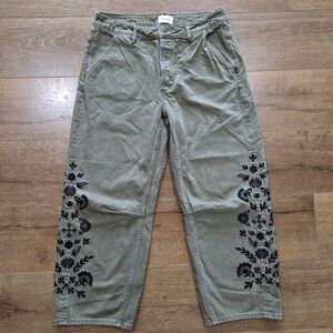 DRIFTWOOD Olive Green Jeans with Black Floral Embroidery